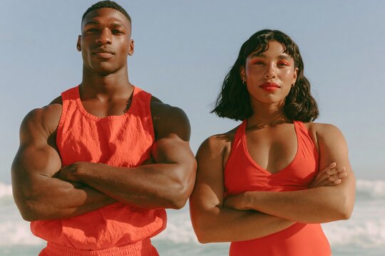 Diverse male and female lifeguards in red swimwear stand confidently with arms crossed on a sunny beach, ocean waves visible in the background