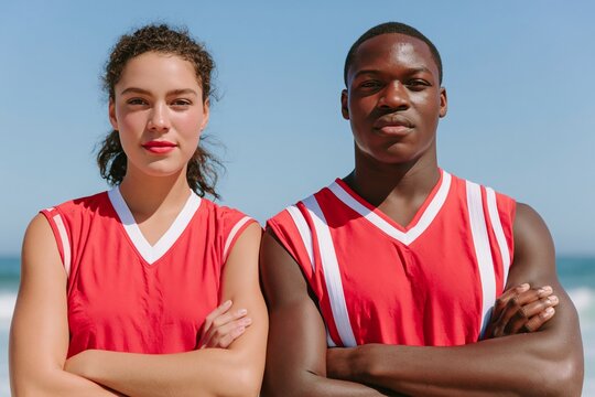 Diverse male and female lifeguard pair standing confidently on the beach, wearing red uniforms with white stripes, ocean and blue sky visible in the background