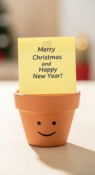 Holiday themed paper cup with festive message and face.