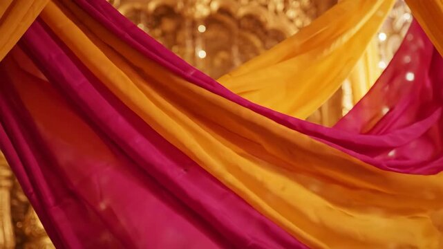 Seamless looping motion of vivid magenta and turmeric yellow silk fabrics billowing and flowing as abstract decorative elements for a mandap ceremony