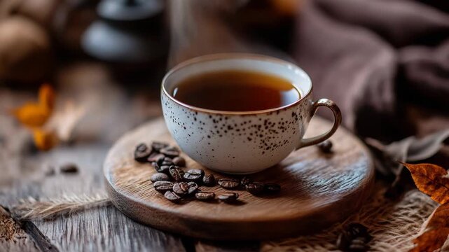 Steaming hot coffee in a rustic ceramic mug on a wooden table, surrounded by coffee beans and autumn leaves, evoking a cozy and warm atmosphere for a perfect break