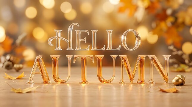 Golden lettering spelling hello autumn in a 3d rendered scene
