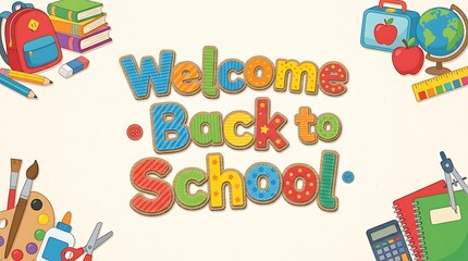 Fototapeta premium School supplies vector illustration with colorful lettering and educational objects