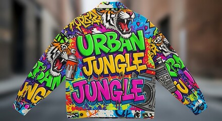 Fototapeta premium Colorful urban jungle street art mural with text.
