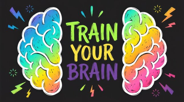 Train your brain creative banner with bright colorful brains, lightning bolts and stars on dark background.