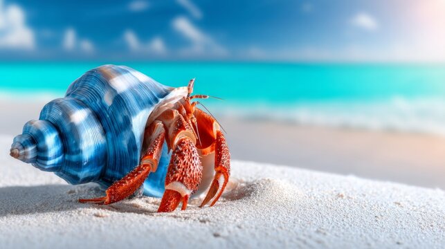 Close-up of red hermit crab with blue shell on white sand beach ocean background