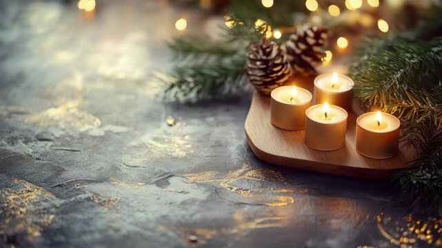Four advent candles burning with pine cones and fir branches creating a warm, festive christmas holiday background with soft bokeh lights and copy space