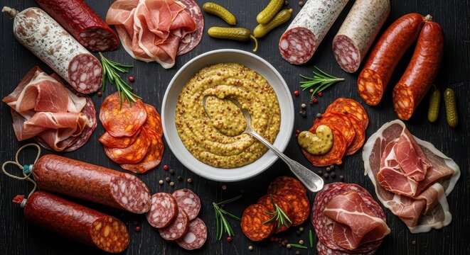 Assorted Cured Meats and Mustard on Dark Background.
