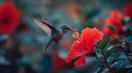 Fototapeta premium A vibrant hummingbird gracefully hovers, delicately sipping nectar from a brilliant red hibiscus flower in a lush garden setting