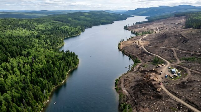 Aerial view showing the sharp contrast between green forest and a deforested logging area beside a river