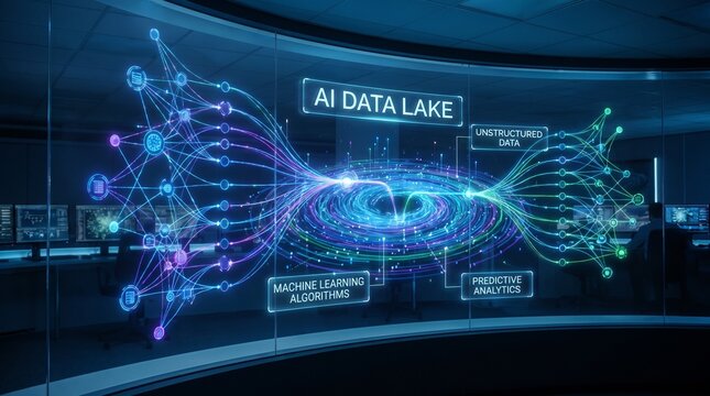 Futuristic ai data lake network with machine learning with data through glowing