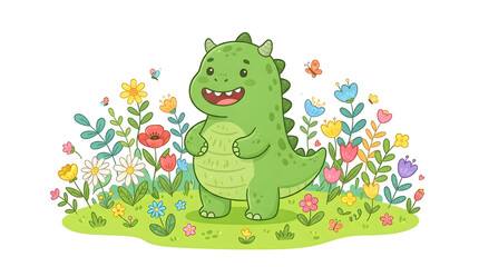 Obraz premium Cute green cartoon dinosaur smiling in a field of flowers and butterflies, whimsical illustration for kids