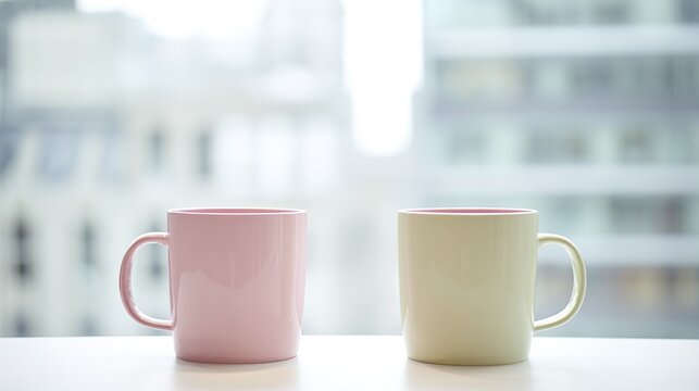 identical. Two identical coffee mugs on adjacent office desks, minimalist composition. pitch deck slides, case study pages, designed for corporate presentation decks and stakeholder reports.