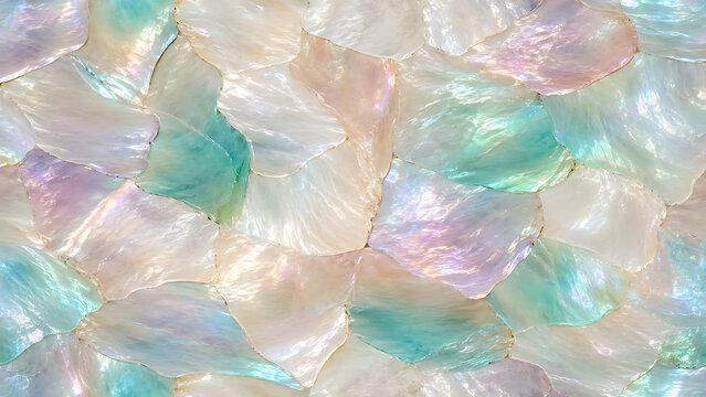 Close-up of iridescent mother-of-pearl pieces in pastel shades creating a shimmering, textured surface.