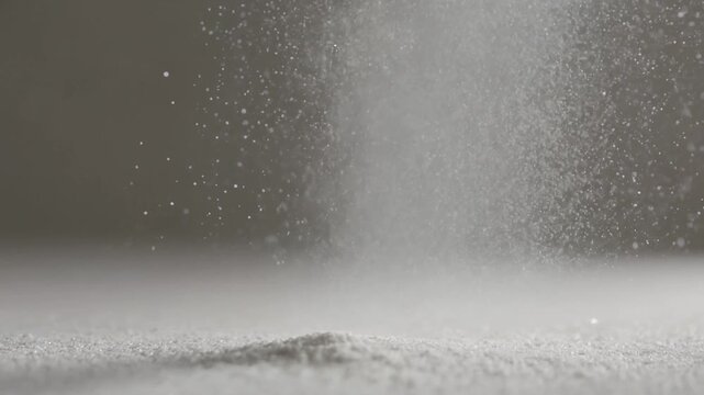 White powder falling and scattering on a surface in slow motion, forming a small pile of fine dust particles with a cloud of suspended granules against a neutral background
