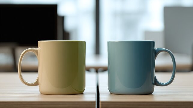 identical. Two identical coffee mugs on adjacent office desks, minimalist composition. pitch deck slides, case study pages, designed for corporate presentation decks and stakeholder reports.