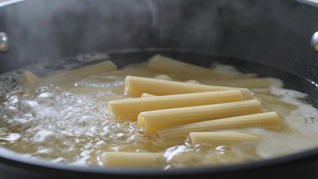 Delicious macaroni pasta cooking in a pot of boiling water with rising steam, highlighting the preparation of a classic italian dish for a carbohydrate rich meal