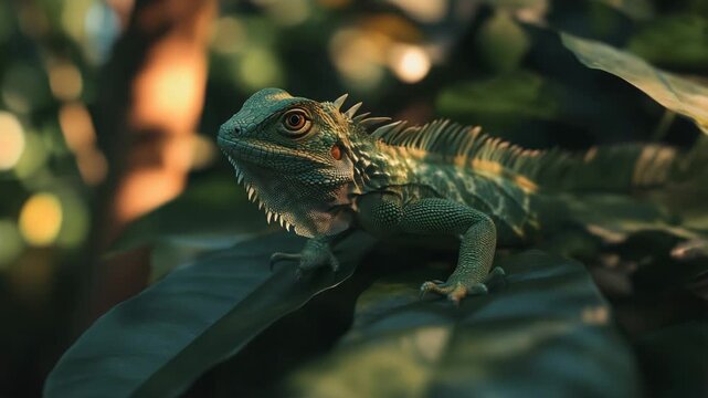 Green chinese water dragon resting on a leaf in a tropical rainforest, its eyes alert while observing the surrounding lush jungle environment and vibrant nature