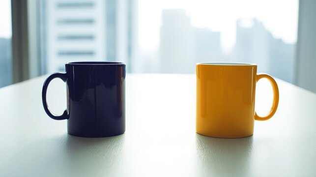 identical. Two identical coffee mugs on adjacent office desks, minimalist composition. pitch deck slides, case study pages, designed for corporate presentation decks and stakeholder reports.