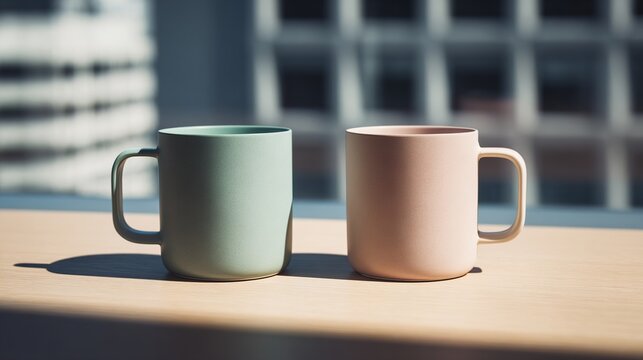 identical. Two identical coffee mugs on adjacent office desks, minimalist composition. pitch deck slides, case study pages, designed for corporate presentation decks and stakeholder reports.
