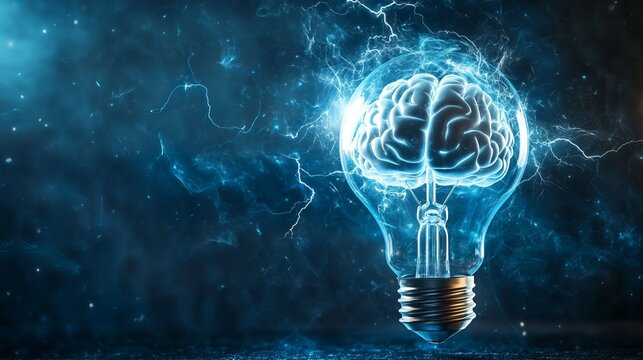Illuminating the human brain with electric energy, symbolizing innovation, intelligence, and the power of creative thought processes