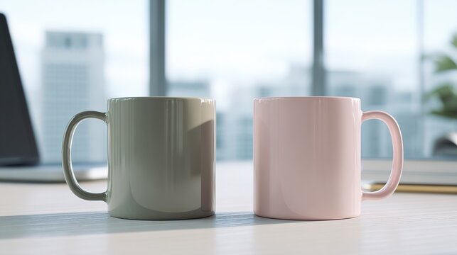 identical. Two identical coffee mugs on adjacent office desks, minimalist composition. pitch deck slides, case study pages, designed for corporate presentation decks and stakeholder reports.