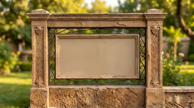 Ornate boundary enclosure with textured earthy-toned surface and decorative edge accents on a plain central panel  frame border decoration ornament brown concrete stone texture background