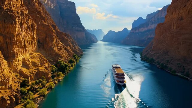 Scenic drone view of a cruise ship sailing on the majestic nile river in egypt, navigating through the stunning desert canyon landscape under a beautiful sunny sky