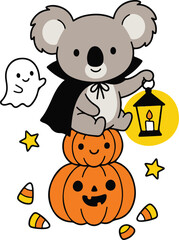 Fototapeta premium Cute Koala Wearing Halloween Cape Sitting on Pumpkin with Lantern and Friendly Ghost Illustration for Spooky Autumn Celebration, Woodland Nursery Decor and Seasonal Holiday Designs