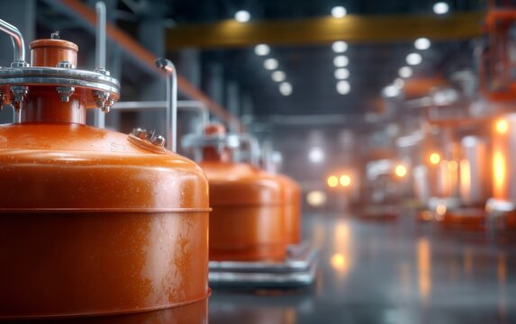 Large industrial brewing plant with copper tanks and modern factory lighting
