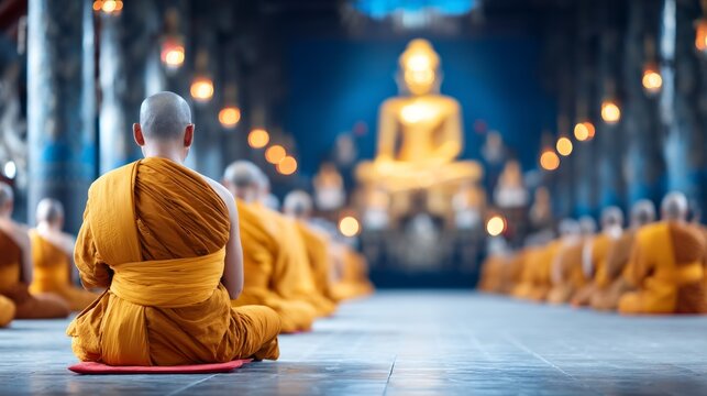 Monks Meditating in a Golden Temple with Buddha Statue in the Background