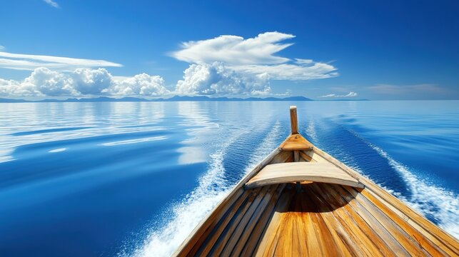 hull. Classic wooden fishing boat cutting through calm, deep blue sea water. mobility guides, transit brochures, designed for transport & logistics marketing, used by real estate agents.
