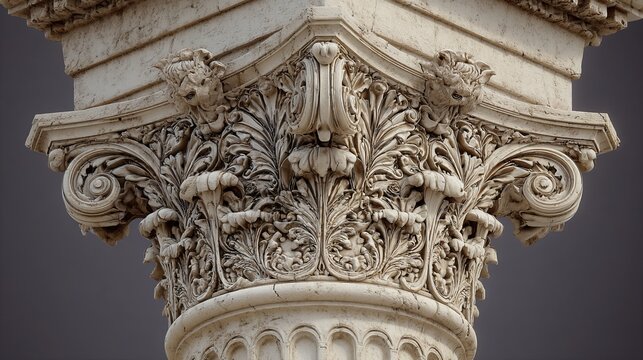 Detailed close-up of an ornate classical column capital showcasing intricate carvings and decorative floral motifs in a timeless design