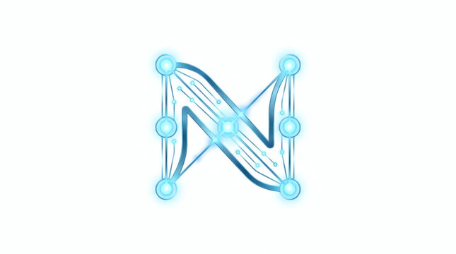 3D rendered futuristic letter N logo design. Glowing neon blue alphabet character with metallic wireframe structure.