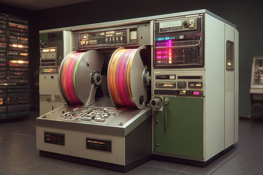 Large vintage mainframe computer with colorful magnetic tape reels and control panels in dark room