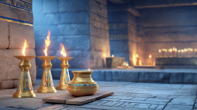 Ancient temple interior with golden traditional lamps and metal pot on stone floor