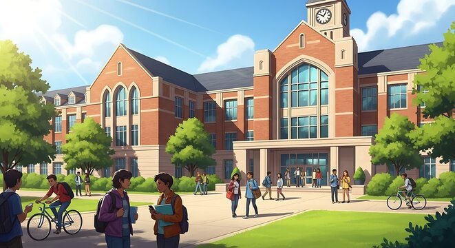 Students walking past university building on sunny day.