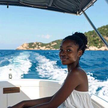 Young woman enjoying a boat trip. Female traveler relaxing on a motorboat at sea.
