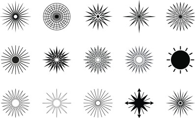 Obraz premium Black Sunburst Vector Collection with Sun Rays, Starburst Icons, Radiating Light Symbols, Vintage Solar Elements and Decorative Design Set