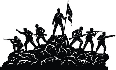 Obraz premium Black and white silhouette illustration of a group of soldiers standing heroically on a mountain peak