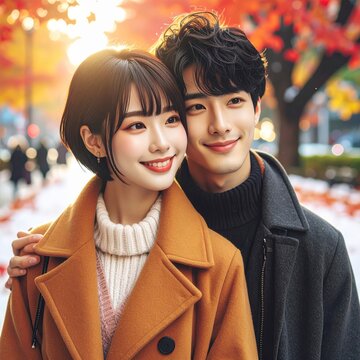 Young Asian couple smiling outdoors in autumn. Happy multicultural partners embracing in warm fall fashion.