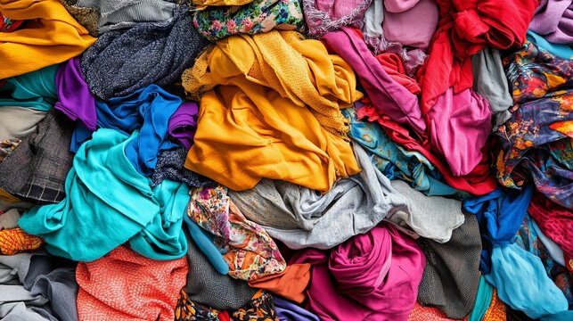 A vibrant, colorful pile of assorted fabrics and textiles in a chaotic, textured arrangement, showcasing diverse materials and hues