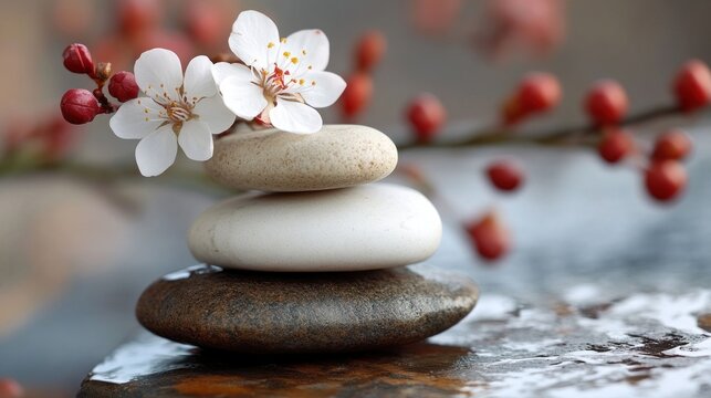 Balanced stone stack with flowers