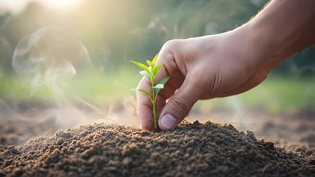 A hand carefully plants a small green seedling into the warm, steaming soil