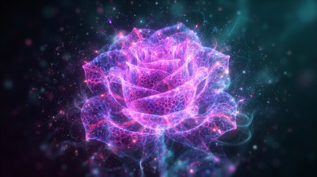 Glowing Ethereal Neon Rose with Magical Bioluminescent Energy in Dark Cosmic Space