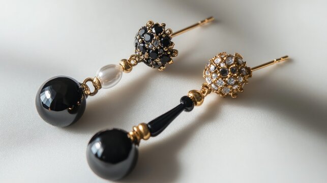 Black pearl dangle earrings closeup