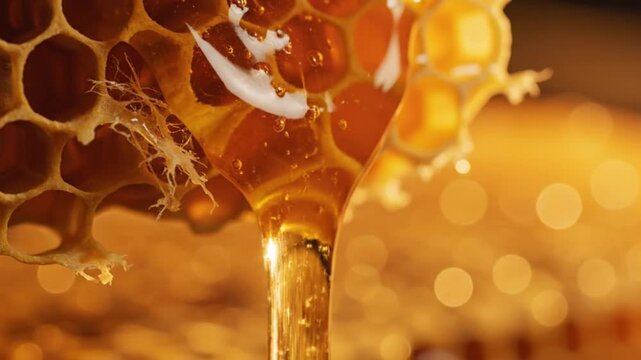 Golden Honey Dripping from a Glass and Wooden Spoon Isolated on White Background with Rich Flowing Sweet Liquid Close Up