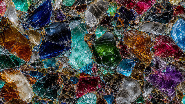 Close-up view of a vibrant mosaic made from shattered, multi-colored glass pieces creating an abstract pattern.