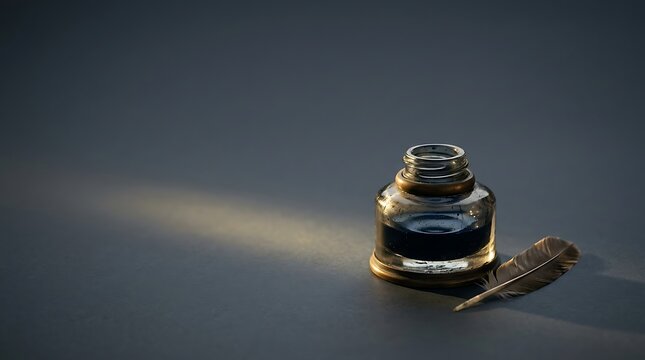 Antique glass inkwell and quill feather in dramatic light