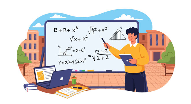 Teacher explaining complex math equations on a whiteboard in a classroom setting.